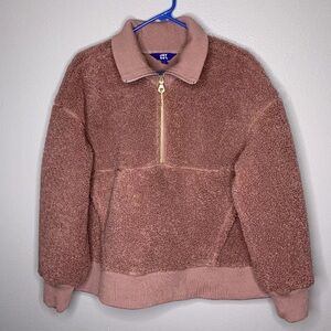 Joylab Womens Teddy Sweater Pullover L Mauve Pink Half Zip Collared Oversized